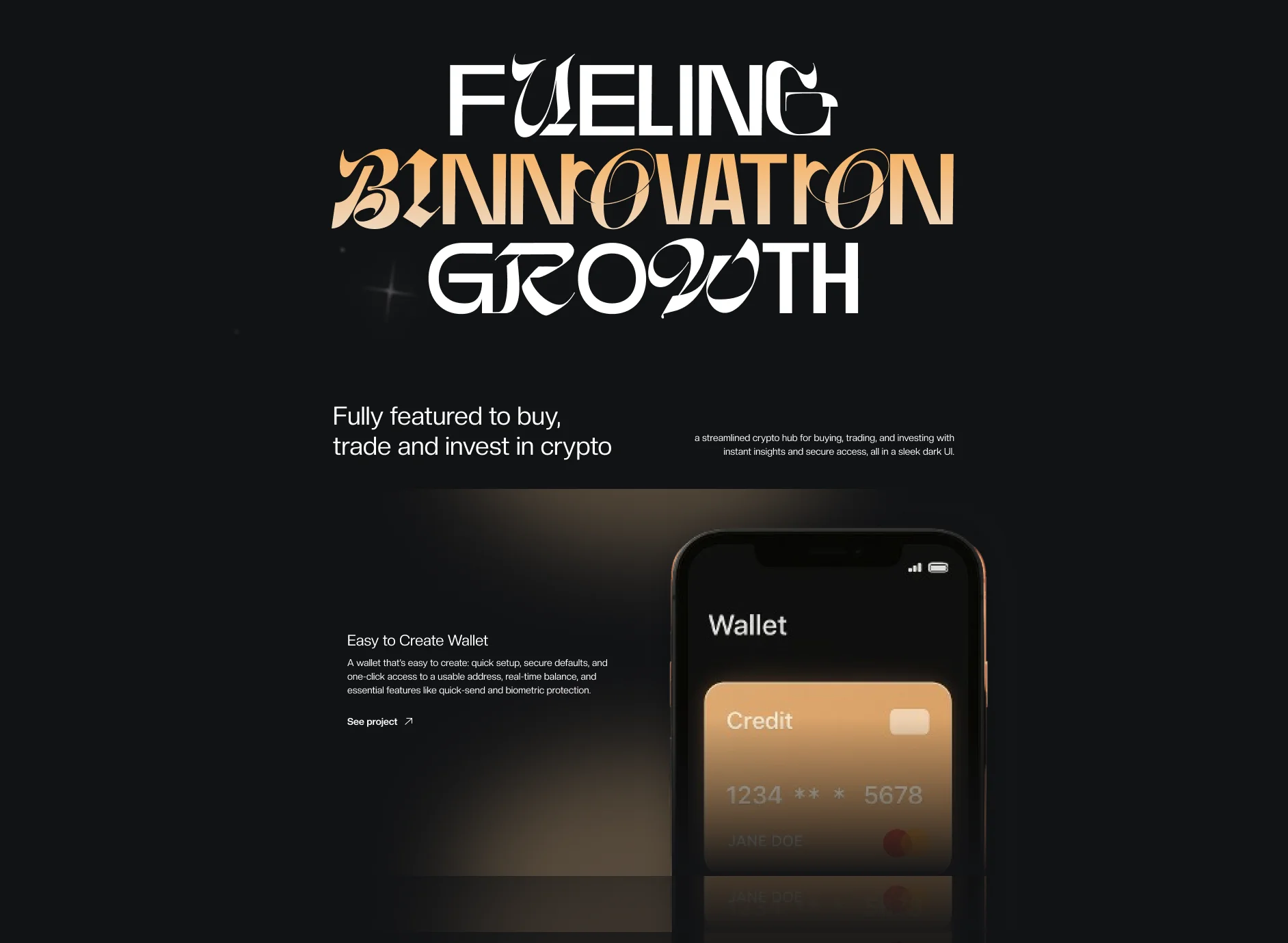 Dark-themed crypto app interface with text 'Fueling Innovation Growth', featuring a mobile screen showing a credit card and wallet details.