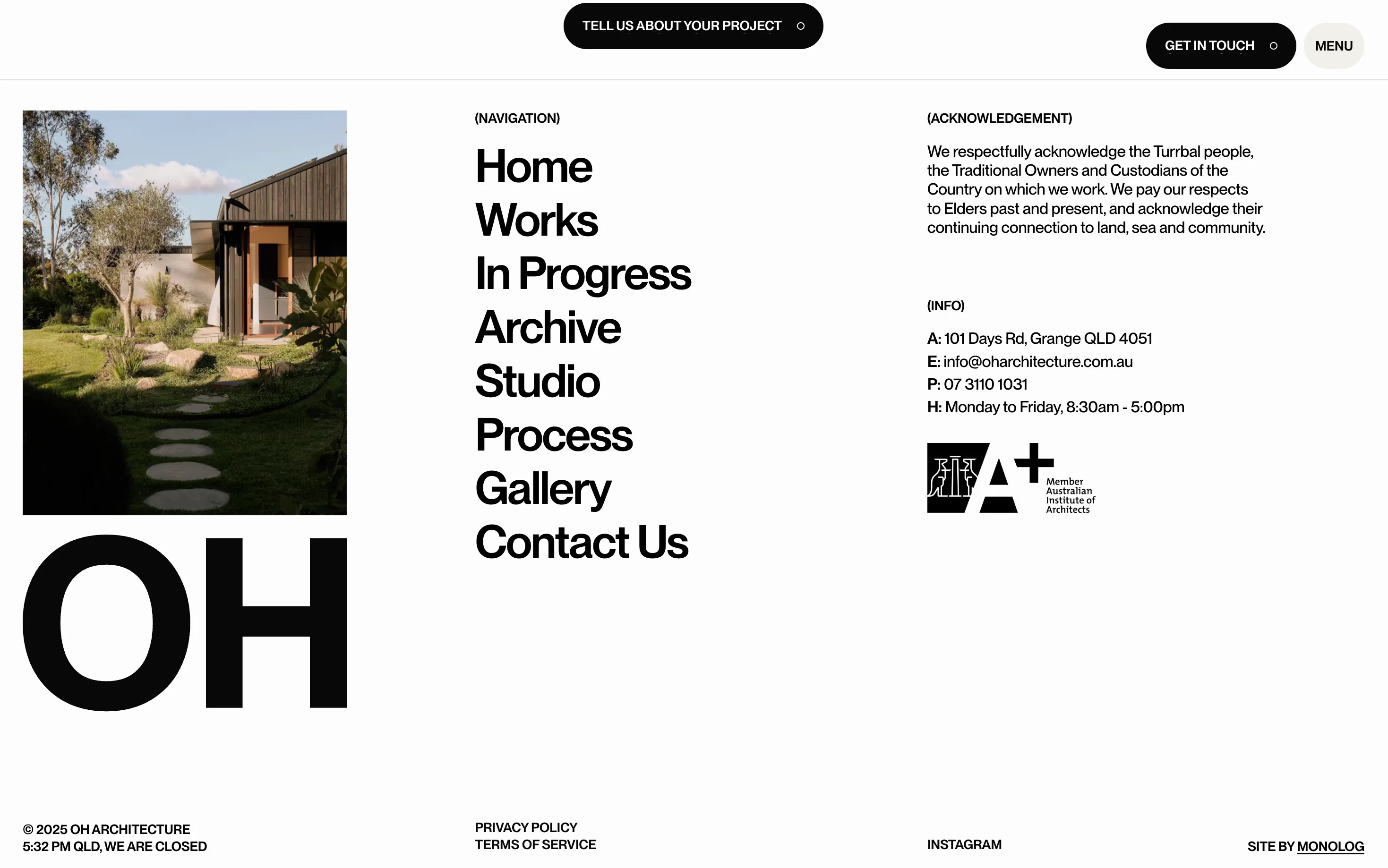 Modern house exterior with garden and stone path, alongside OH Architecture navigation menu and contact information.