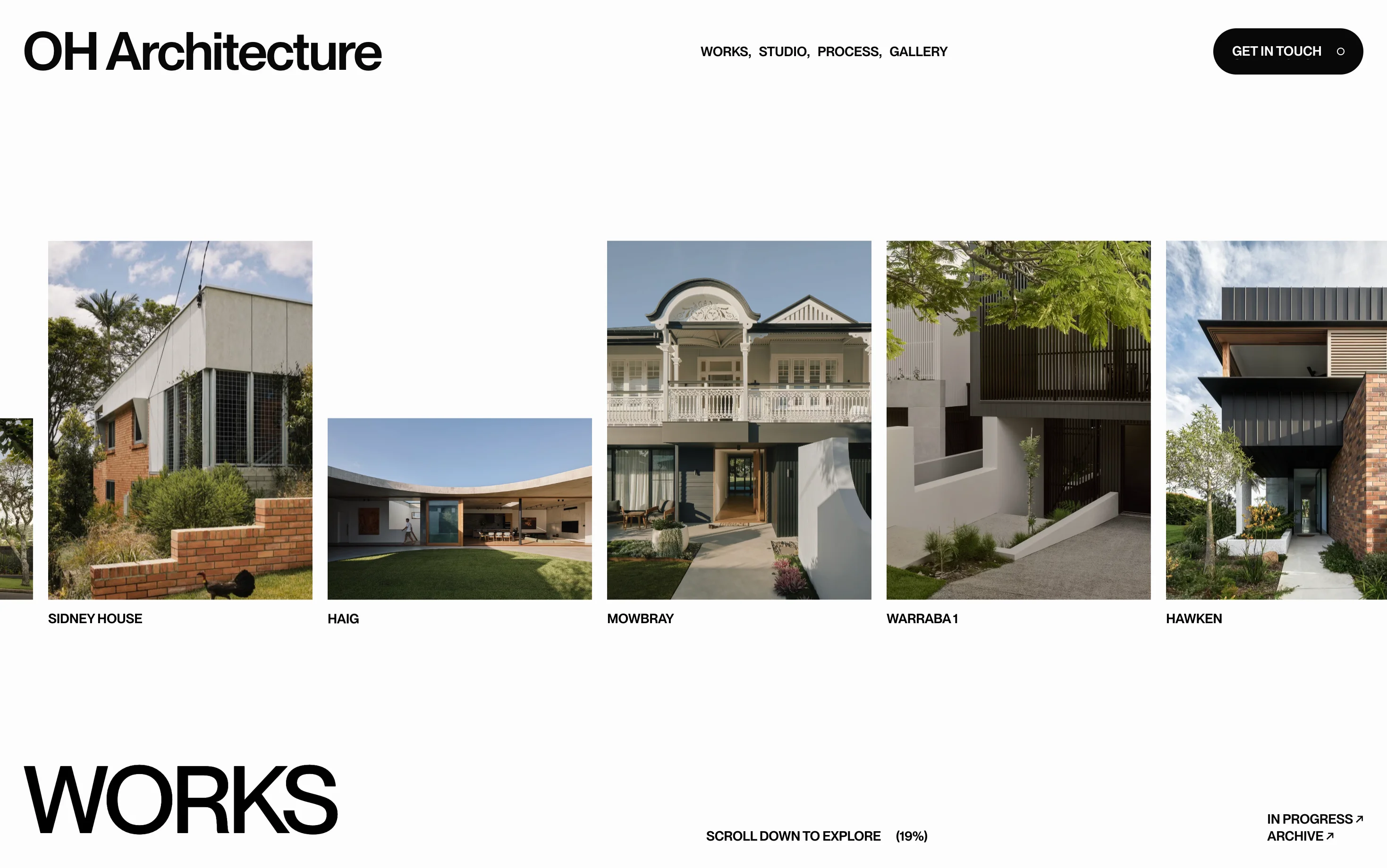 Website homepage of OH Architecture showing modern and classic residential building thumbnails with navigation links and a 'Get In Touch' button.