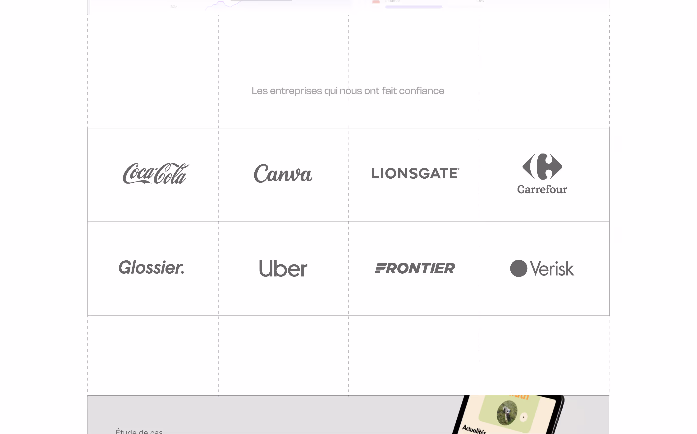 Grid showing logos of companies Coca-Cola, Canva, Lionsgate, Carrefour, Glossier, Uber, Frontier, and Verisk under the heading 'Les entreprises qui nous ont fait confiance'.