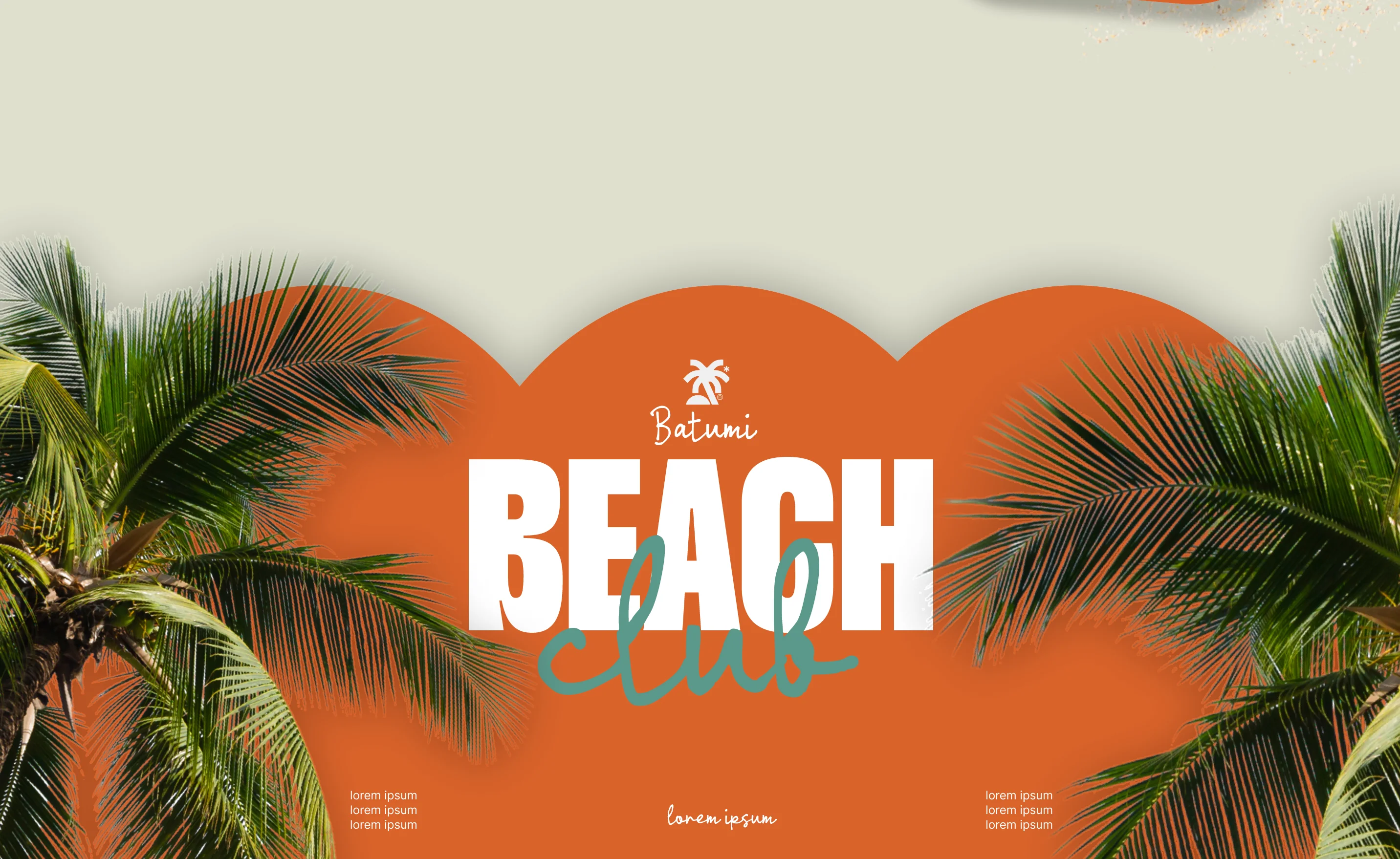 Palm tree leaves framing an orange scalloped background with text 'Batumi Beach club' in white and teal.