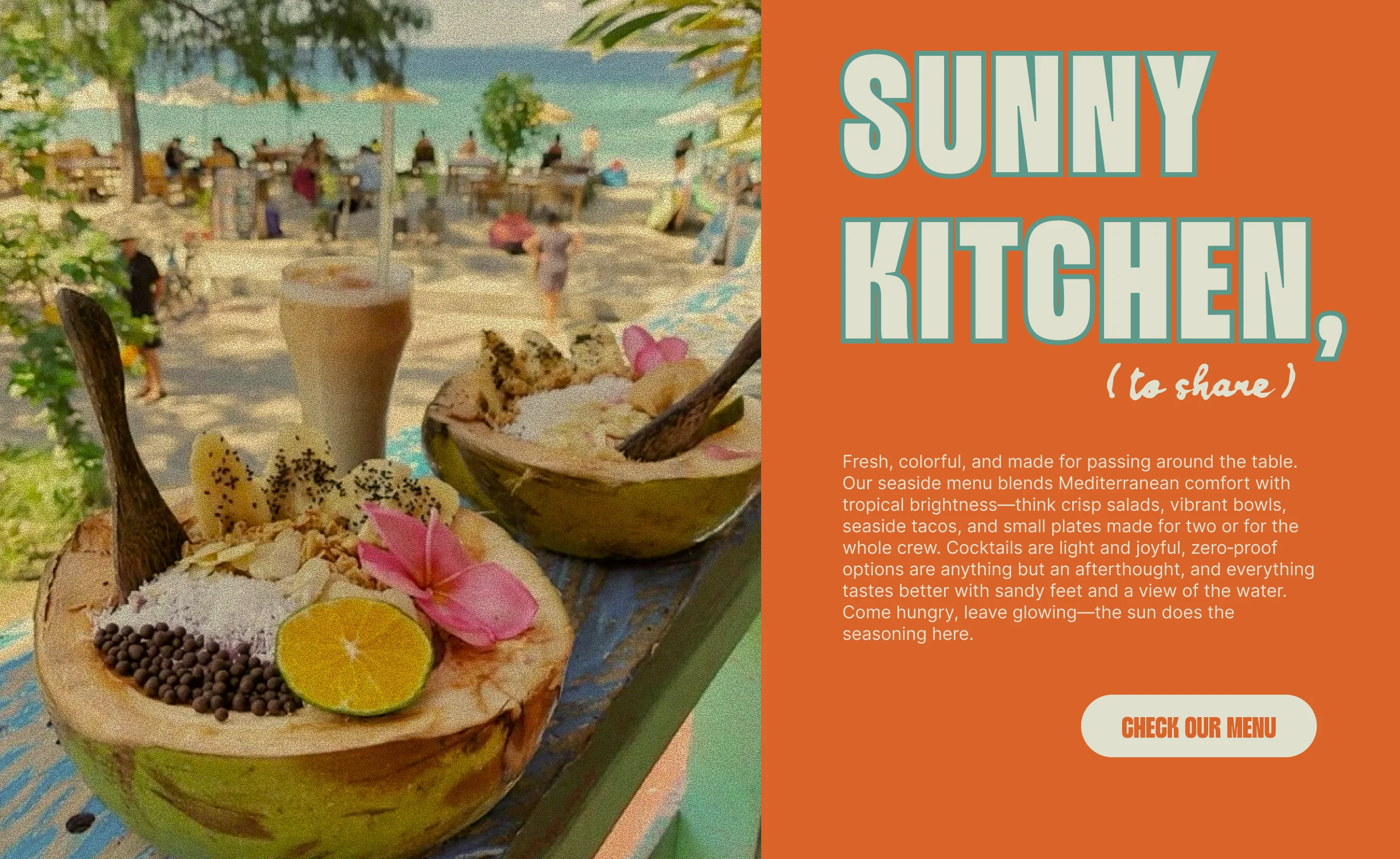 Tropical smoothie bowls with fresh fruit and flower garnish beside a beach with people and umbrellas.