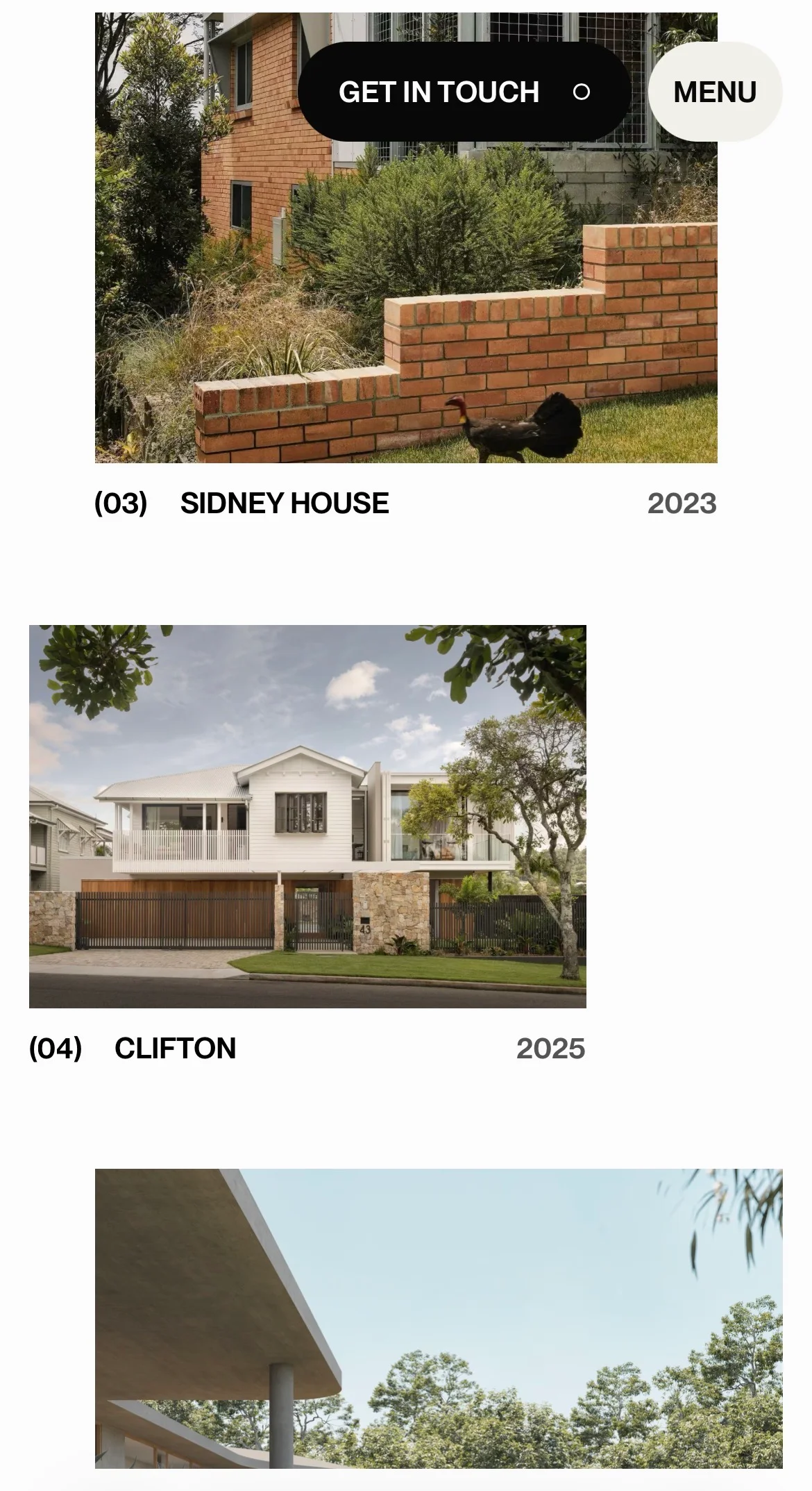 Three images of modern houses: first with a brick wall and a bird; second a white house with stone fences and trees; third part of a concrete modern building with trees in the background.