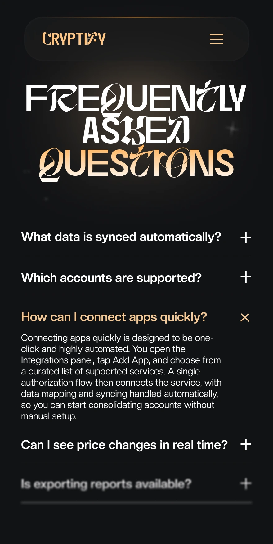 FAQ section of Cryptiky website with questions about data syncing, account support, app connection, price changes, and report exporting.